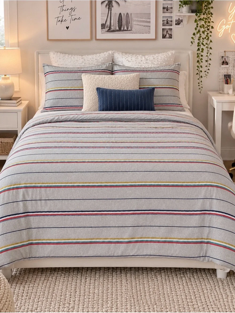 Pottery Barn Teen Full Queen Gray Multicolor Stripe Cotton Duvet Cover